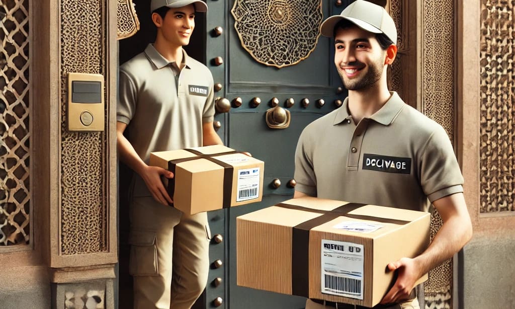 A package being delivered to a stylish urban doorstep, symbolizing quick and reliable delivery.