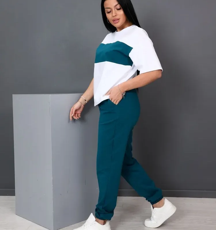 Casual Color Block T-Shirt & Matching Pants Set for Women